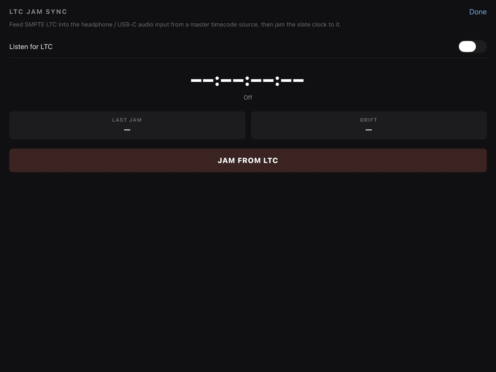 True-Slate LTC jam sync screen
