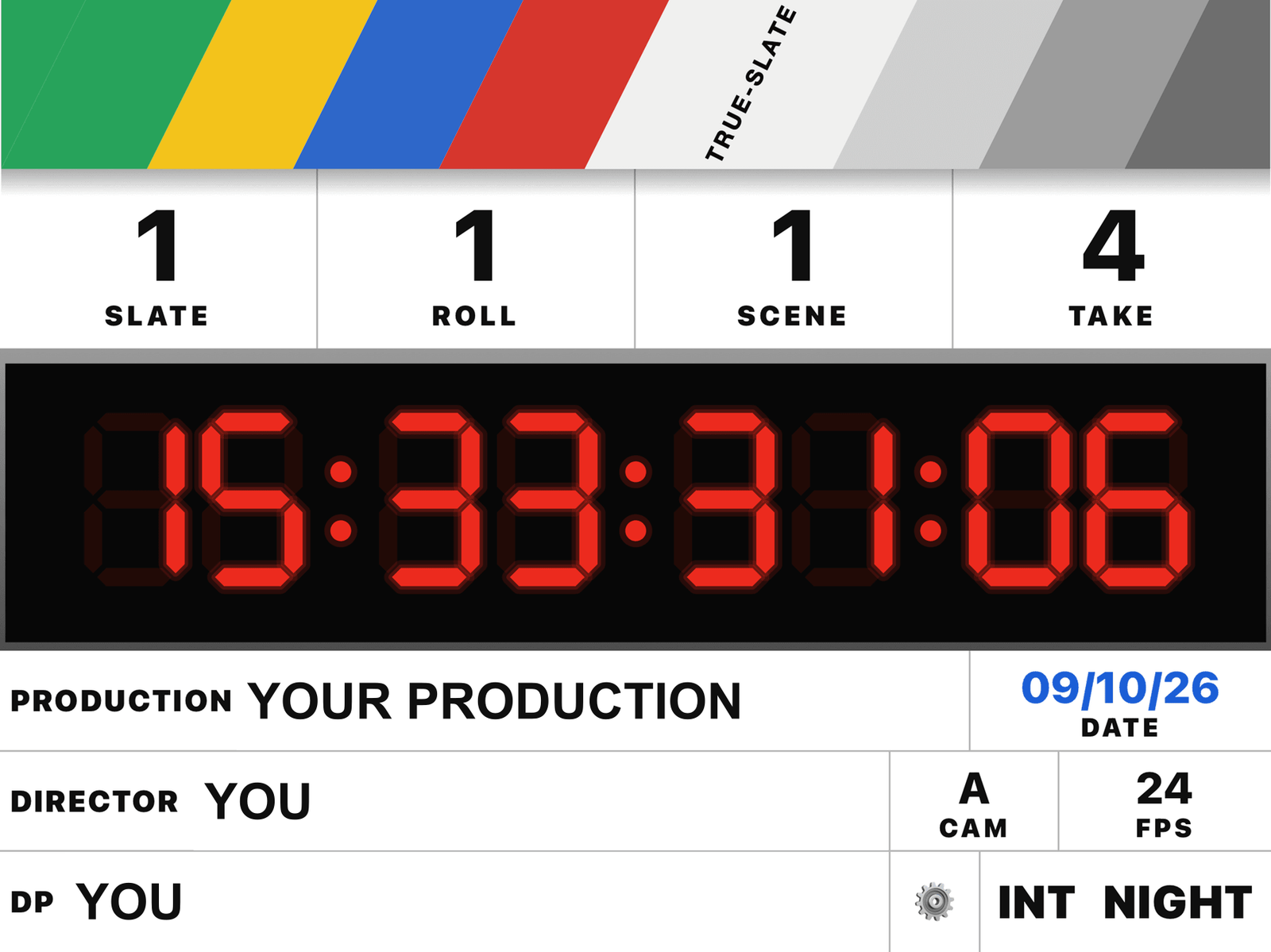 True-Slate slate screen with the SMPTE timecode running